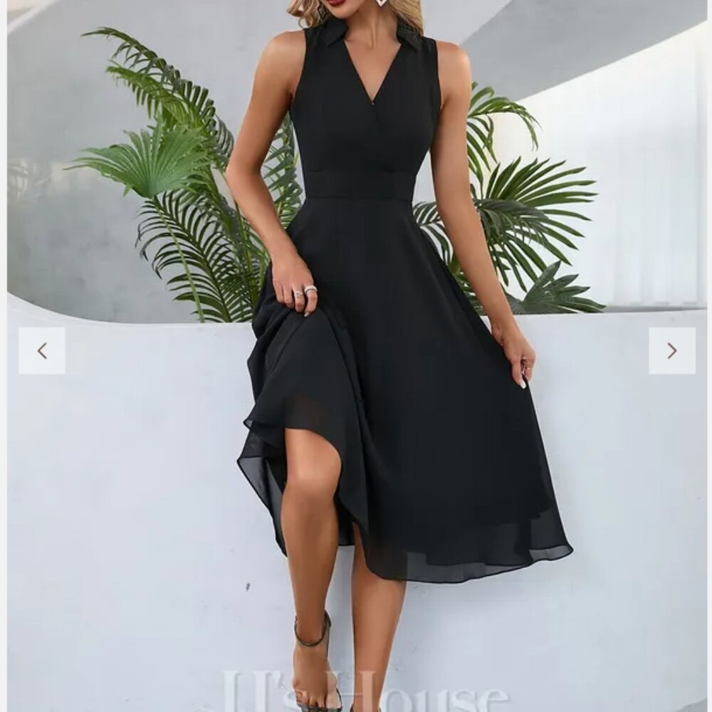 JJ's House NWT V-Neck Collared Sleeveless A-line Chiffon Midi Dress, Black (M)